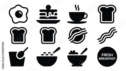 Minimalist black silhouette icons of breakfast foods including toast eggs cereal and coffee in a clean vector style