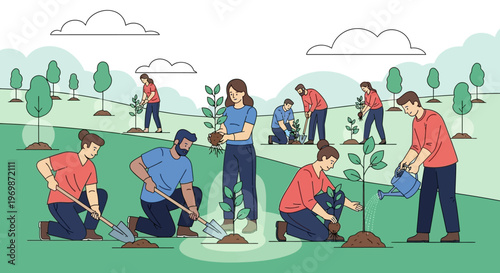 Community planting trees in a park, environmental conservation, people gardening together