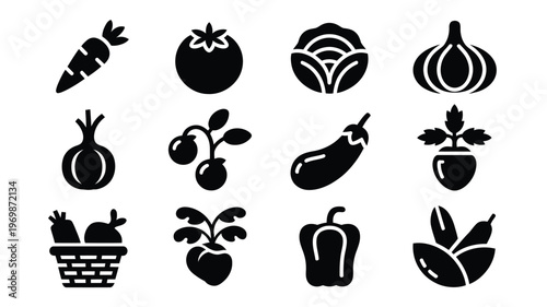 Black and white vector icons of vegetables and plants in minimalist style featuring carrot tomato cabbage garlic onion eggplant pepper and more
