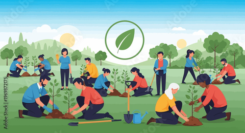 Diverse People Planting Trees Together for Environmental Protection and Sustainability