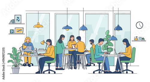 Modern Coworking Space with Diverse People Working on Laptops