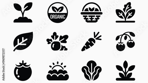 Black and white vector icons of organic farming symbols including sprouts leaves vegetables and fruits with an organic label