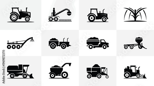 Collection of black silhouette logos featuring modern agriculture machinery for farming harvesting and construction against a clean white background
