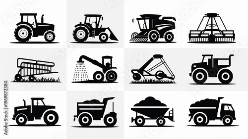 Black and white icons of agricultural machinery including tractors harvesters and trucks for farming tasks