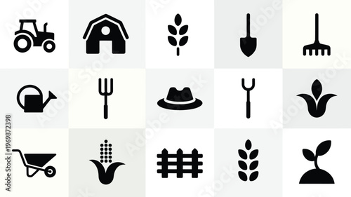 Black and white farming and agriculture silhouette icons featuring tractor barn crops tools hat and more on minimalist grid