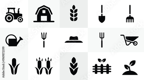 Agriculture and farming silhouette icons featuring tractor barn wheat shovel rake watering can pitchfork and crops