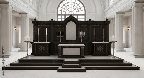 Elegant dark wood altar with ornate carvings and candelabras in a grand white hall with columns and arched window