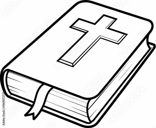 A black line drawing of a book with a cross on the cover, resembling a Bible.