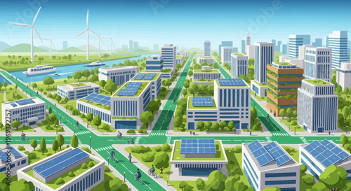 Green Eco Cityscape with Renewable Energy and Sustainable Buildings