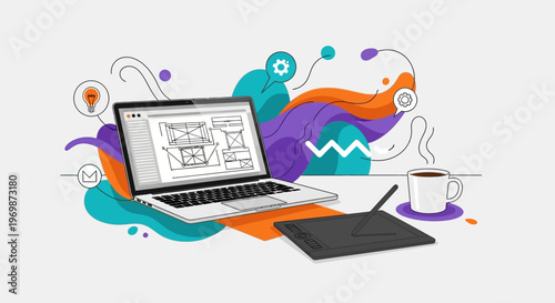 Digital Design Workflow: Laptop, Graphics Tablet, and Coffee