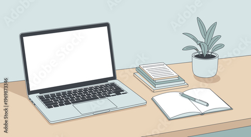 Modern Laptop with Blank Screen, Open Notebook, and Potted Plant on Desk