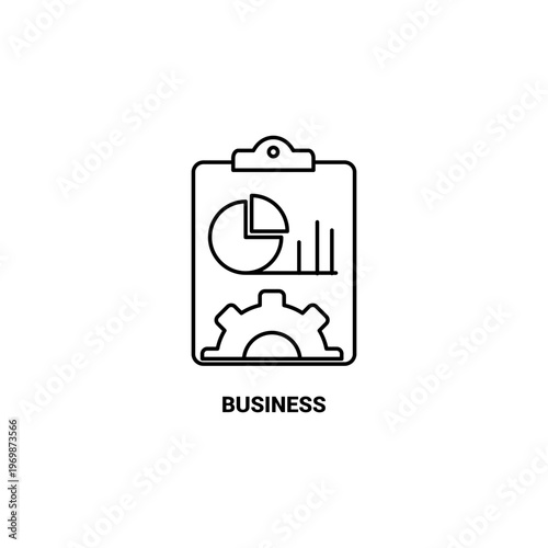 Minimalist black line vector icon of a clipboard featuring analytics charts and a gear for business management and reporting
