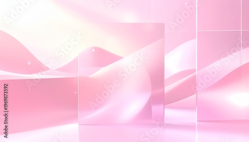 Abstract 3D pink glass panels background with soft bokeh lights and minimalist feminine aesthetic