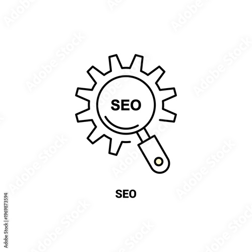 Minimalist line vector icon of a magnifying glass and gear for search engine optimization SEO strategy and web marketing
