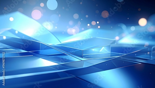 Abstract 3D blue glass panels background with soft bokeh lights and futuristic technology concept