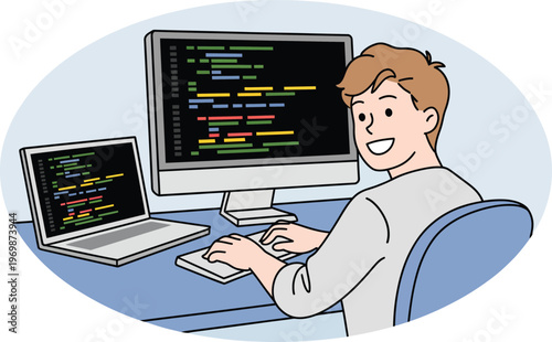 Young Man Coding on Computer and Laptop illustration