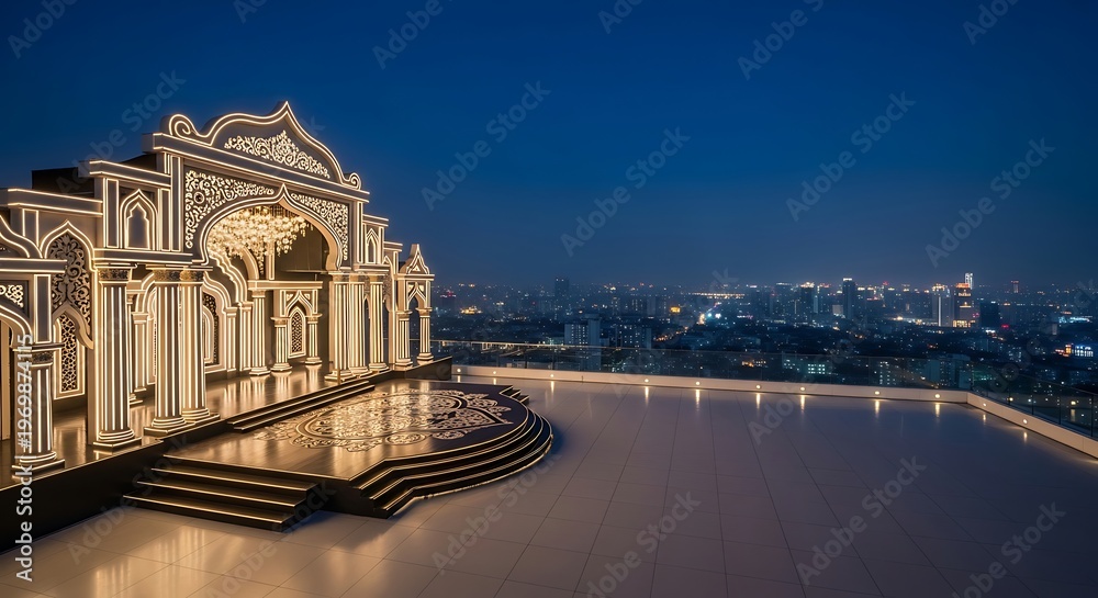 Fototapeta premium Ornate illuminated stage structure with city skyline at dusk