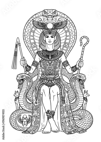 Ancient Egyptian Queen Sitting on Ornate Throne with Cobra Serpents and Scepter – Cleopatra Inspired Mythological Royalty Vector Line Art Illustration