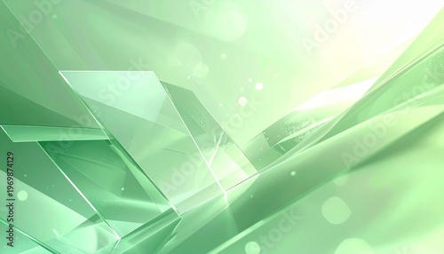 Abstract 3D green glass panels background with bright light and eco technology concept