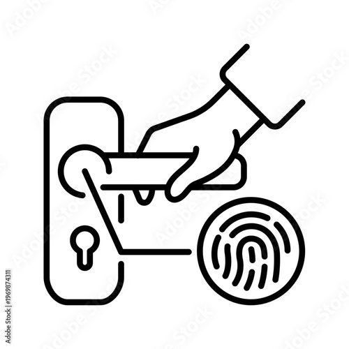 Fingerprint door lock icon. Technology and access control line symbol. Black and white.