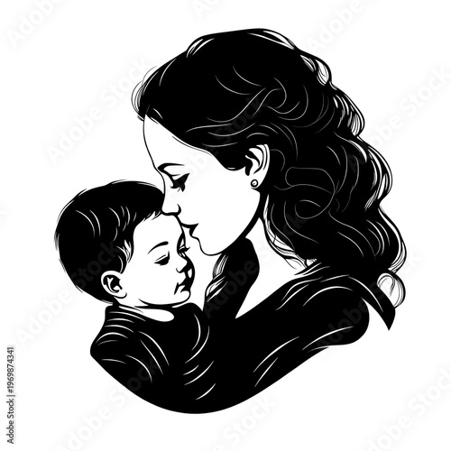 Monochrome Mother and Children, Vector Art