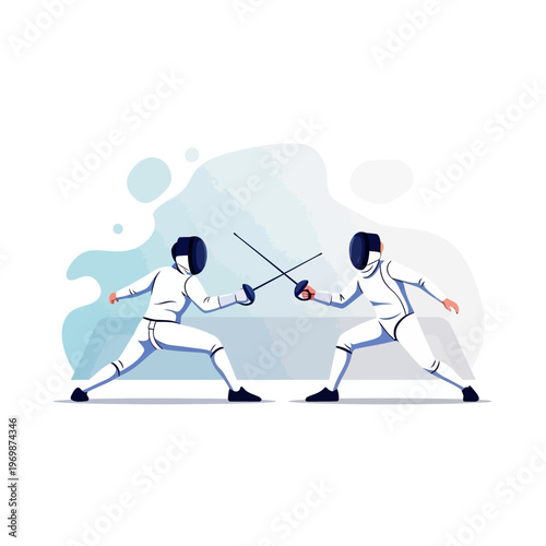 Two Fencers in White Uniforms Duel with Swords on White Background