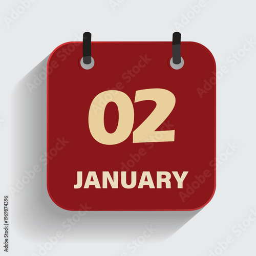Classic calendar icon showing second of january date for new year and winter season planning