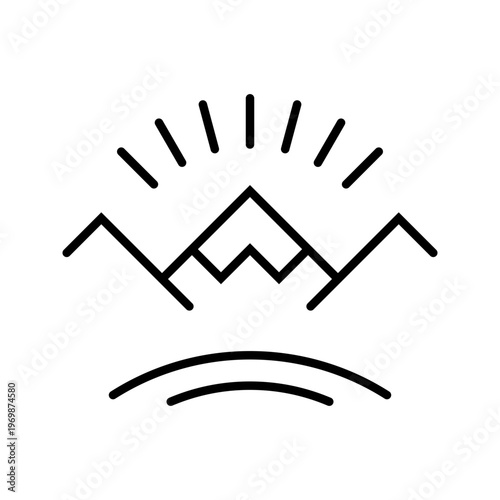 Mountain sunrise icon. Travel and mountain landscape line symbol. Black and white.