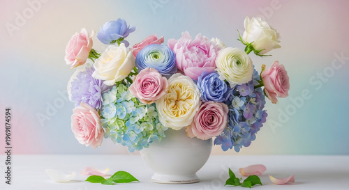 Beautiful pastel colored roses and hydrangeas bouquet in white vase on table with soft background
