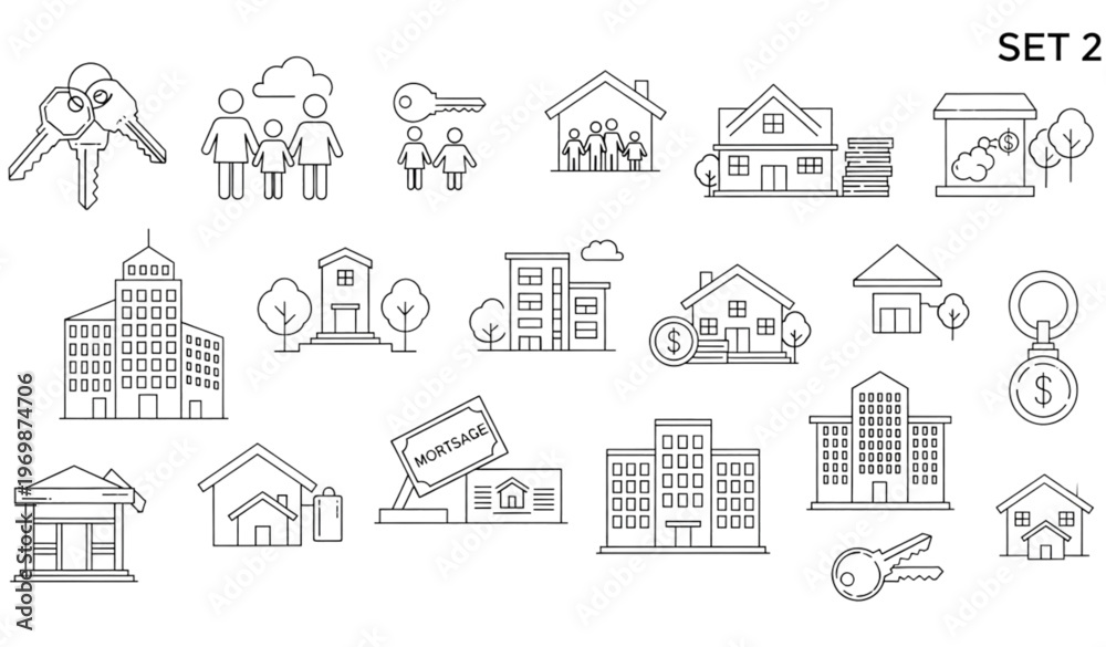 Fototapeta premium A set of black and white line art illustrations depicting various real estate and property icons