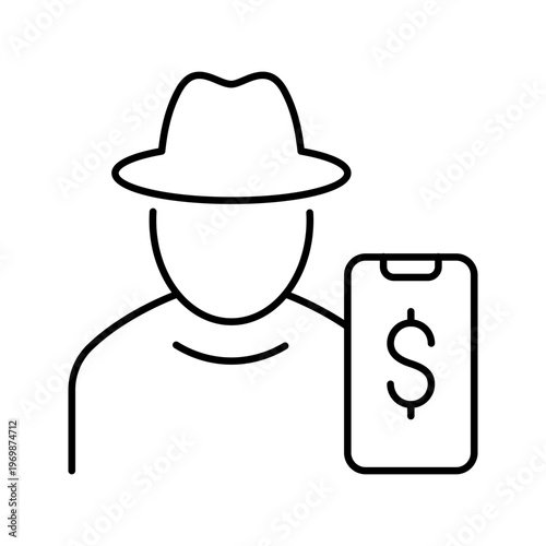 Phone scam icon. Security and phishing line symbol. Black and white.