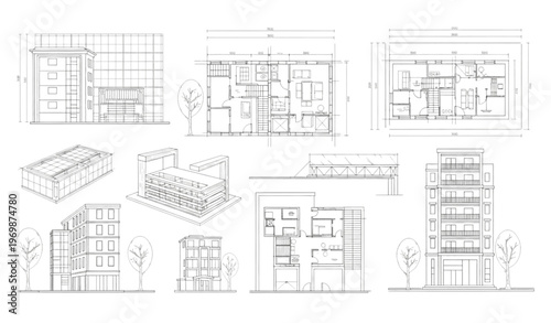 A set of architectural drawings for a modern multi-story building complex