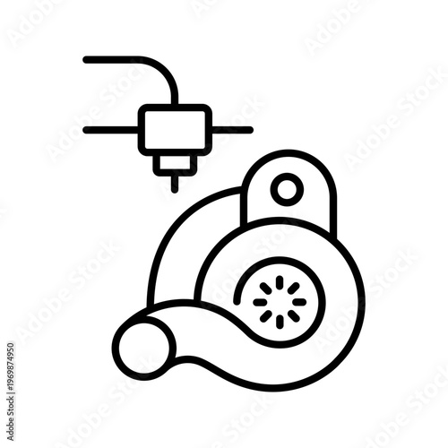Turbocharger 3d printing icon. Industry and 3d printing line symbol. Black and white.