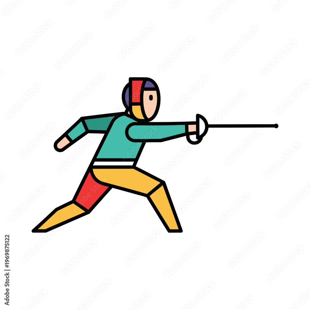 Fototapeta premium Fencer in action, holding foil sword, dynamic pose, flat design