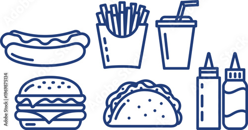 Fast Food Icons Set with Hot Dog Burger Fries Drink and Taco