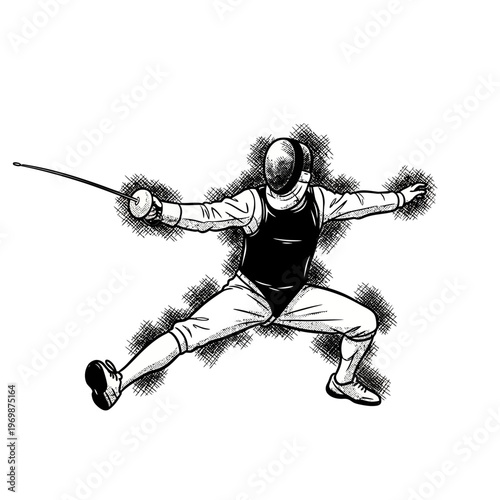 Fencer in action, dynamic pose, sword fighting, sport illustration, black and white sketch