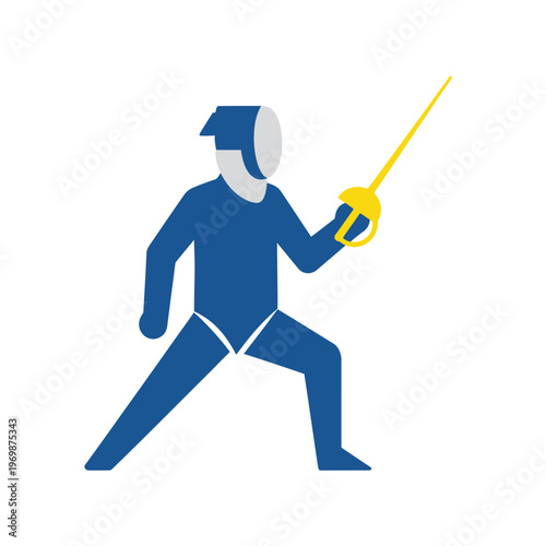 Fencer in blue uniform with yellow sword, ready to attack, isolated on white background