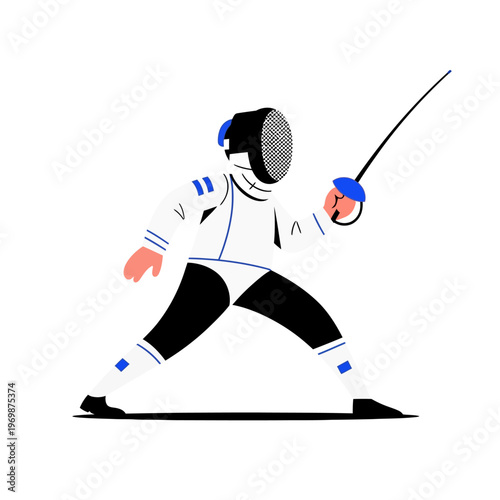 Fencer in protective gear lunging with sword, dynamic action pose illustration