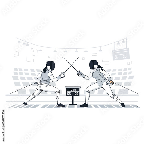 Fencers Competing in Stadium with Scoreboard, Two Women in Action