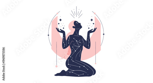 Mystical Woman Silhouette with Stars and Cosmic Elements - Astrology, Spirituality