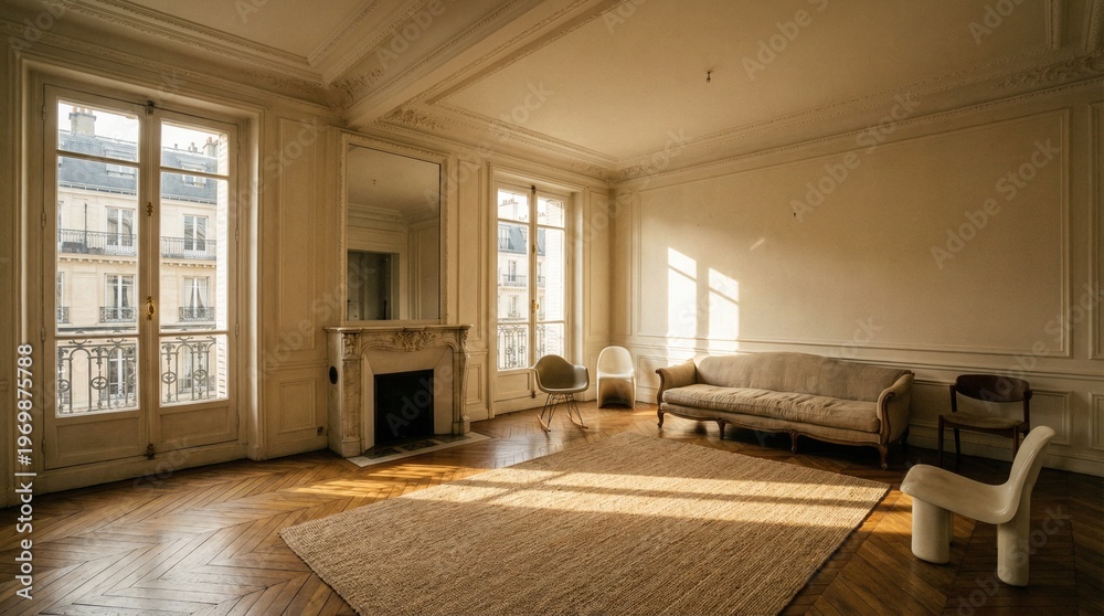 Obraz premium Elegant and Spacious Living Room with Large Windows and Classic Decor Enhancing Natural Light