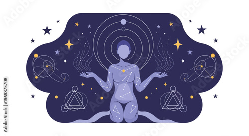 Spiritual Woman Meditating with Cosmic Symbols and Stars