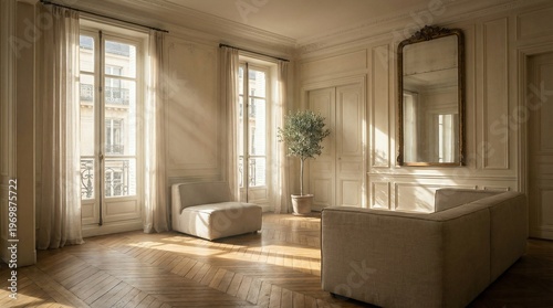Elegant sunlit living room with classic decor and large windows illuminating the space
