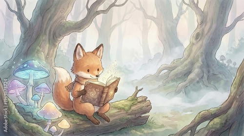 Enchanted Forest with Fox Reading a Storybook, Enchanted Pet Storybook Scene