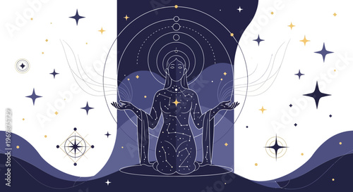 Esoteric Woman Meditating Under Cosmic Stars and Celestial Symbols