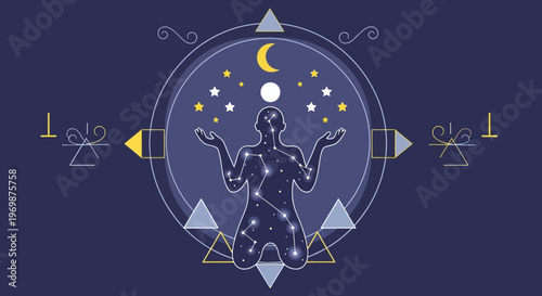 Cosmic Man with Stars and Moon Symbolism