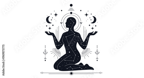 Celestial Woman Silhouette Kneeling Astrology Stars Moon Cosmic Universe