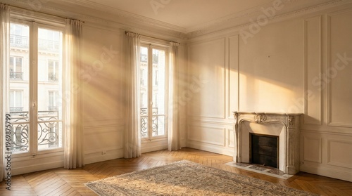 Elegant sunlit living room with classic decor, large windows, parquet flooring, and a decorative fireplace for serene interior