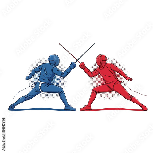 Fencers in Blue and Red Competing with Swords, Dynamic Duel Illustration