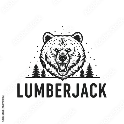 A black and white illustration of a bear's head with the word lumberjack isolated on white background, Vector, illustration